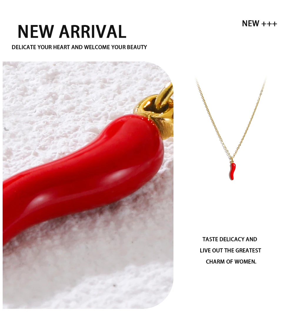 YACHAN Collana minimalista in acciaio inossidabile placcato oro 18 carati con catene per donna, ciondolo creativo in smalto con peperoni rossi, gioielli carini_voghion.com