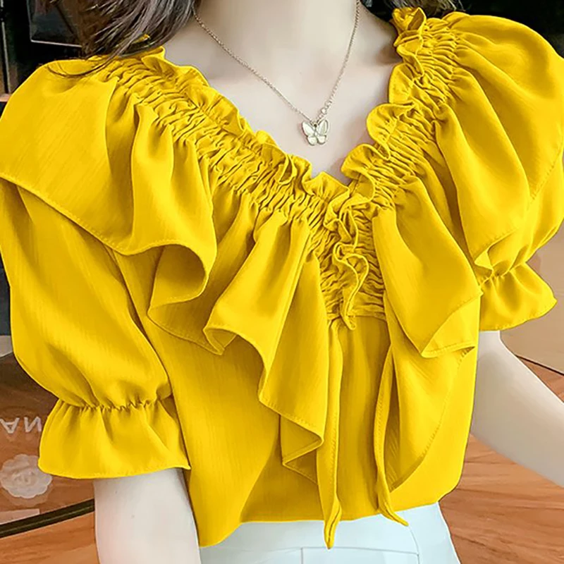 Fashion V-Neck Lace Up Folds Puff Sleeve Ruffles Blouses Female Clothing 2024 Summer New Loose Korean Tops Sweet Chiffon Shirts