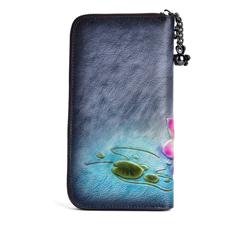 Blumen echte Kuh Leder Geldbörse weibliche Vintage Echt leder Frau Brieftasche lange chinesische Lotus Muster Clutch Tasche – Detail 16