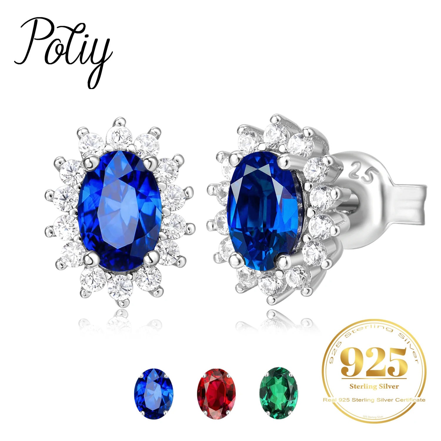 

Potiy Oval Total 1.5ct Created Sapphire Ruby Nano Emerald Diana Stud Earrings 925 Sterling Silver Women Wedding Party Jewelry
