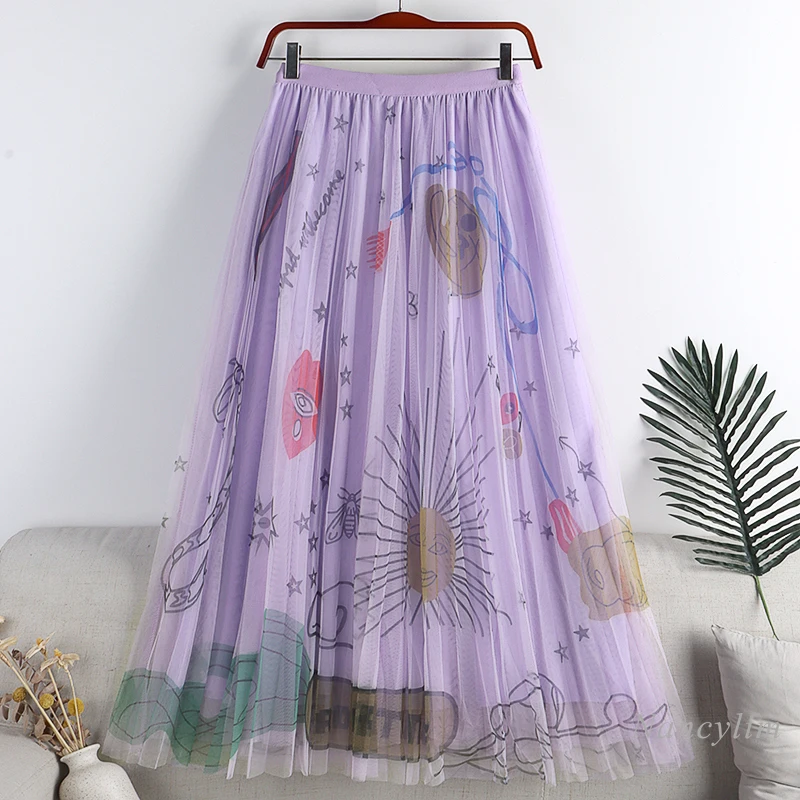 maxi skirts for women Sweet Floral Print Mesh Skirt Women 2022 Spring Summer New Pleated Mid-Length Outwear Skirts Femme Elastic Waist Girls Faldas tutu skirt