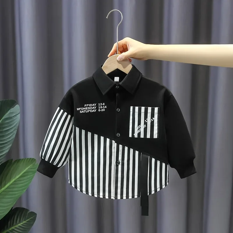 Fashionable Striped Patchwork Spring Autumn Casual Shirt Boys Outerwear Korean Version All-Match Children's Clothing