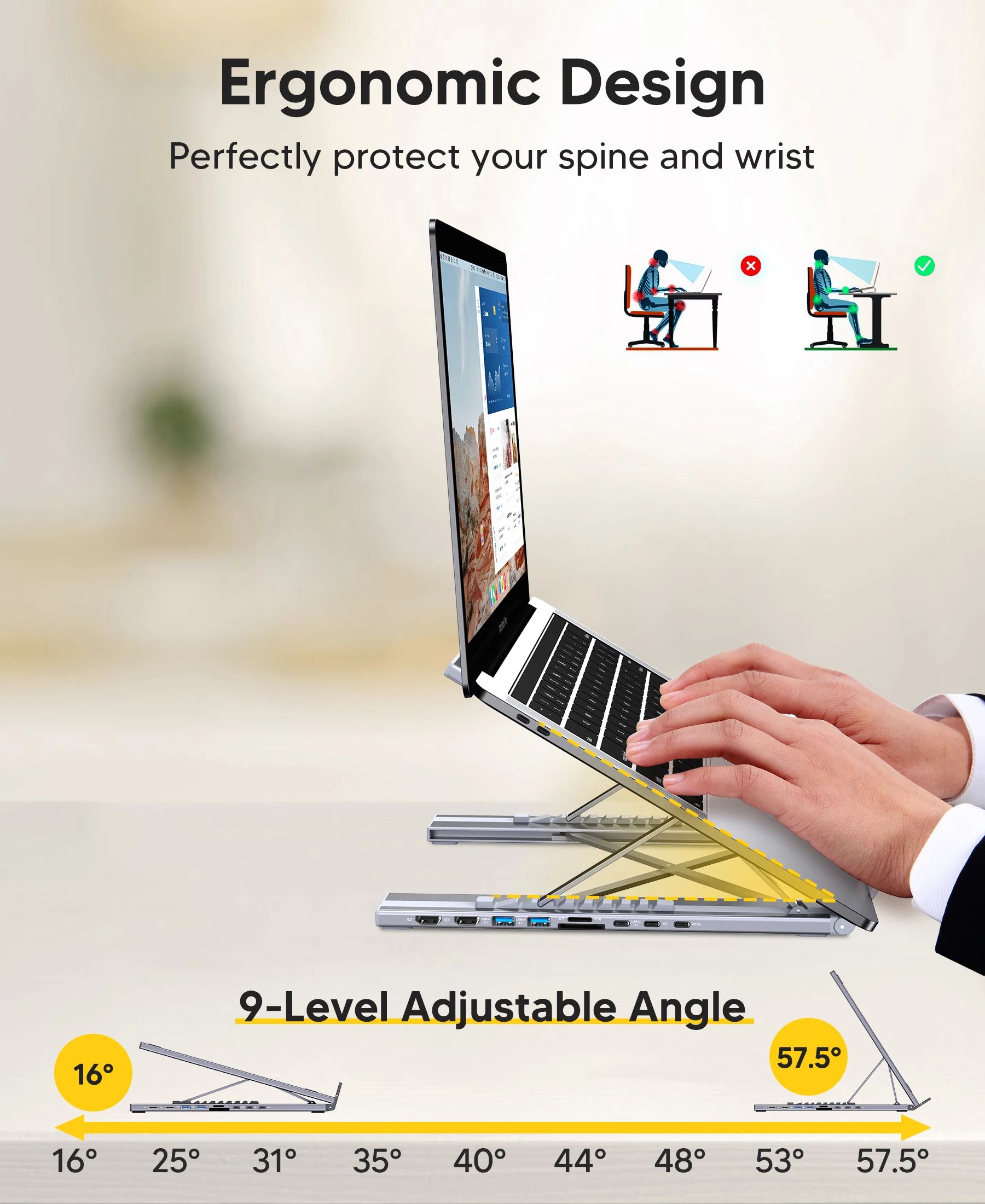 9-in-1 USB C 노트북 도킹 스테이션 듀얼 모니터 4K@60Hz HDMI PD100W 알루미늄 범용 USB 3.0 도크 태블릿 스탠드 (맥북용)