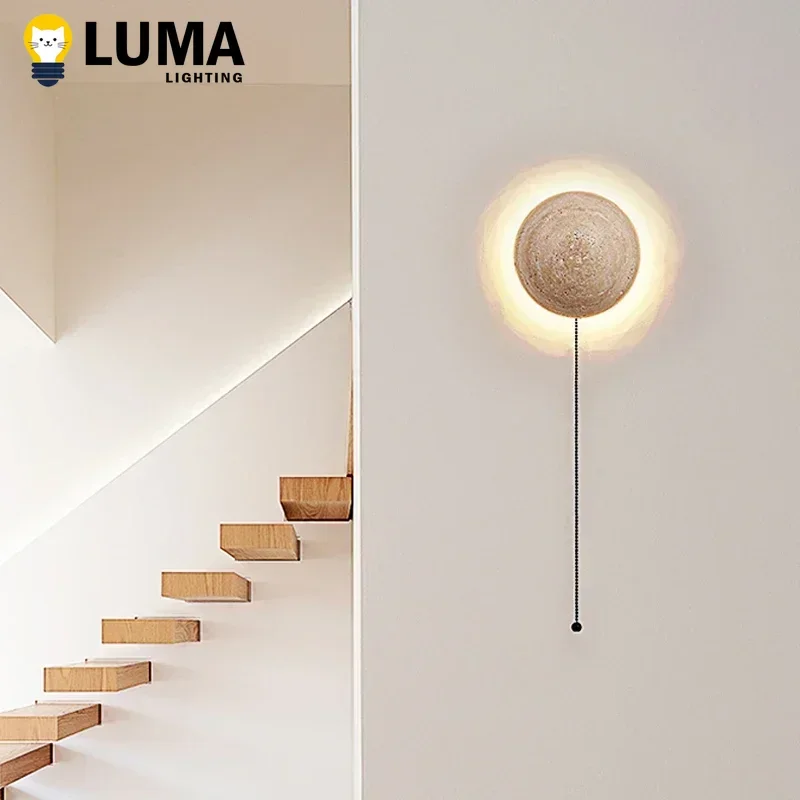 Luma Wabi-sabi Japanese Style Yellow Travertine Wall Lamp Natural Cave Stone for Bedside Stair Home Decor Outdoor Waterproof Dec