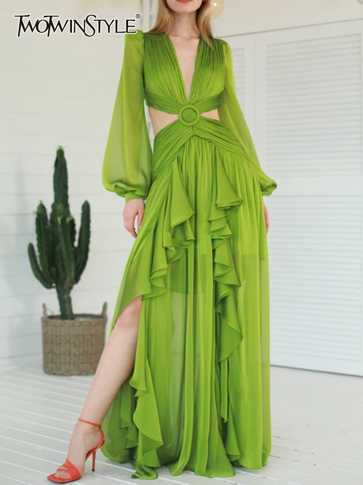 

TWOTWINSTYLE Green Sexy Dress For Women V Neck Long Sleeve Cut Out High Waist Patchwork Ruched Loose Dresses Female 2022 Summer