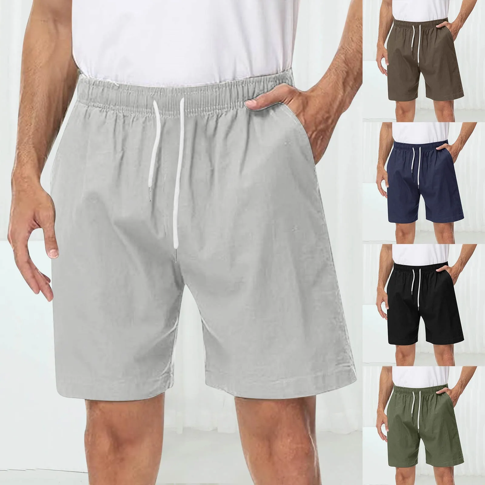 

Мужские летние шорты с эластичным поясом, пляжные шорты на шнуровке, однотонные свободные шорты с карманами, мужские шорты для йоги