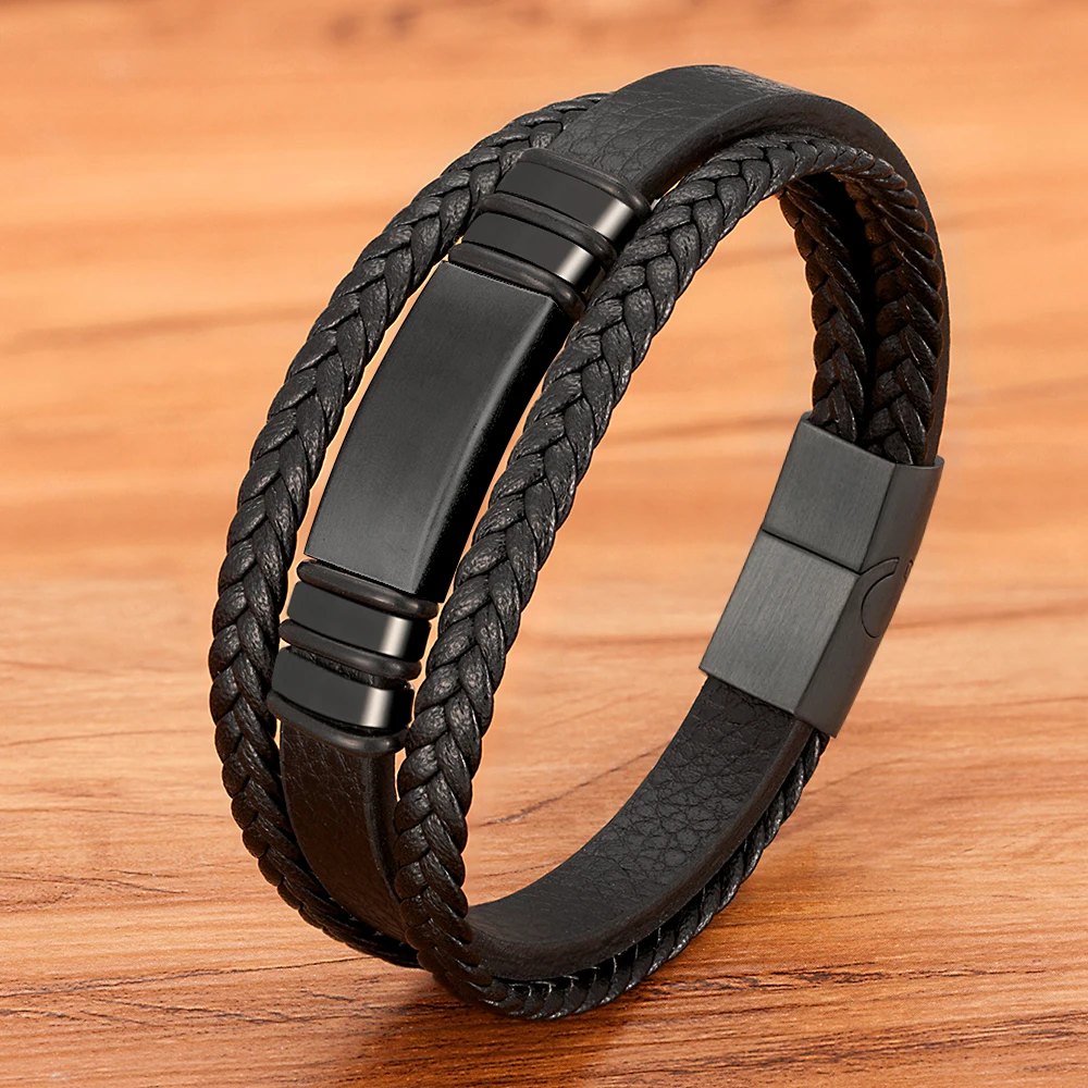 Leather bracelet Leather magnetic bracelet Leather bangle Stainless steel bangle XQNI Multilayer Woven Leather Stainless Steel Combination Men's Leather Bracelet Magnetic Male Punk Bangles Jewelry