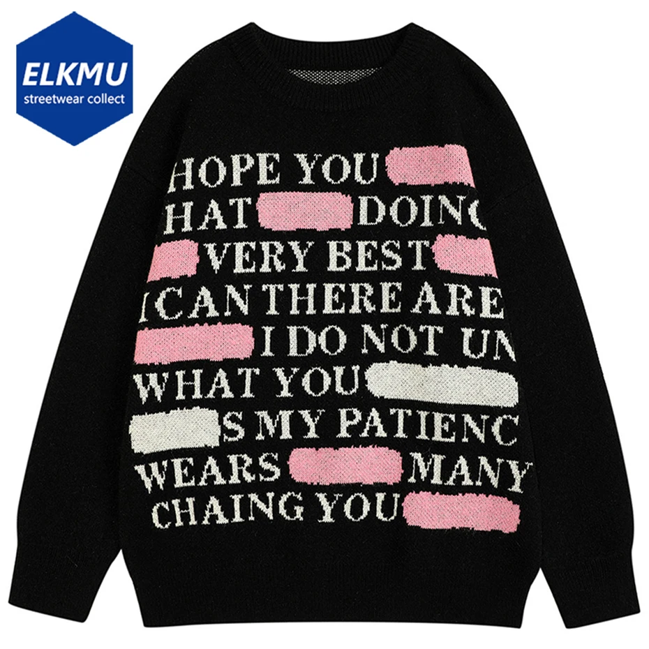 

Knit Sweater Men Letter Graphic Oversized Hip Hop Streetwear Sweater Fall Winter Black Pullover Jumper Loose Casual Sweaters Y2K