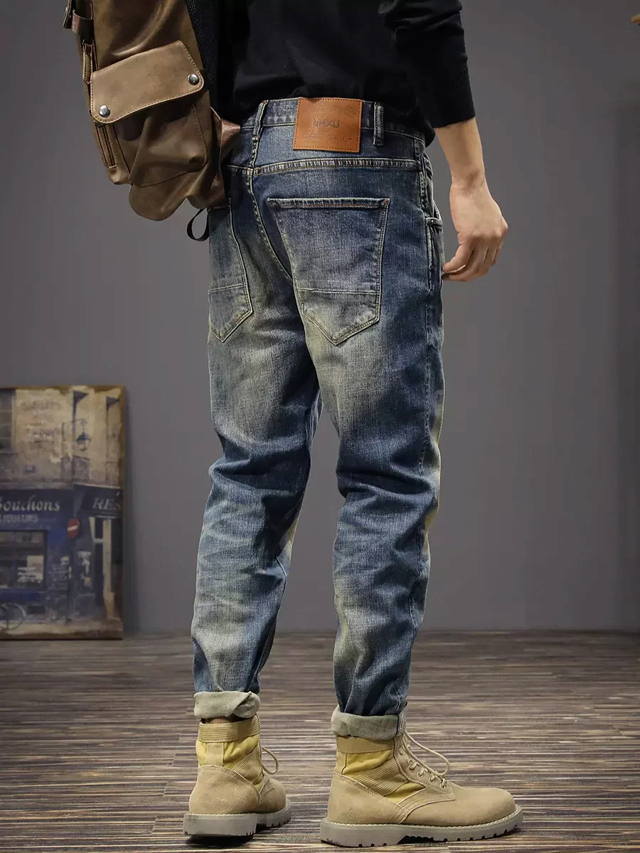 Vintage Fashion Men Jeans High Quality Retro Blue Elastic Slim Fit Ripped Jeans Men Trousers Casual Designer Denim Pants Hombre