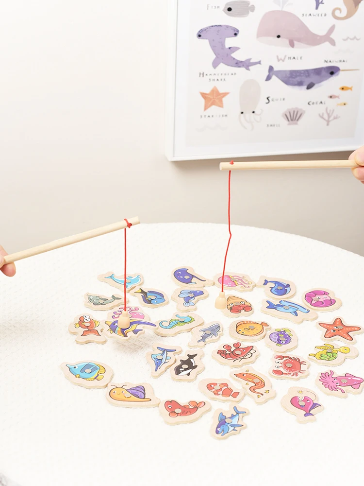 Fishing montessori toys Montessori Wooden For Children Magnetic Marine Life Cognition Fish Games Parent-Child Interactive Educational Toy