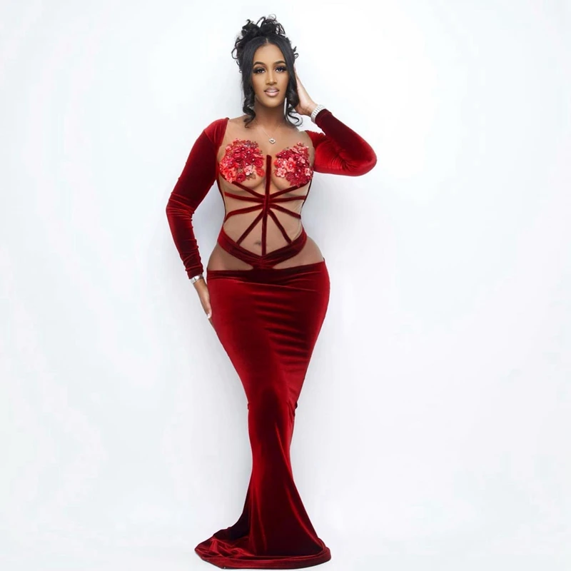 

See Thru Wine Red Velour Evening Dresses Sexy Africa Flowers Beaded Mermaid Prom Gowns Plus Size Aso Ebi Celebrity Party Dress