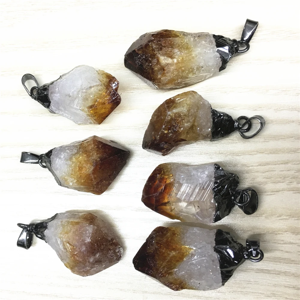 Hot Fashion Natural Stone Pendant Necklace Raw Ore Citrines Yellow Crystal Stone Reiki Pendants Jewelry Making 6pcs Wholesale