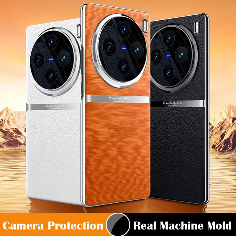 

funda For VIVO X100 Case Luxury Plain PU Leather + Electroplating Frame Ultra-thin Camera Protection Cover for Vivo X100 Pro