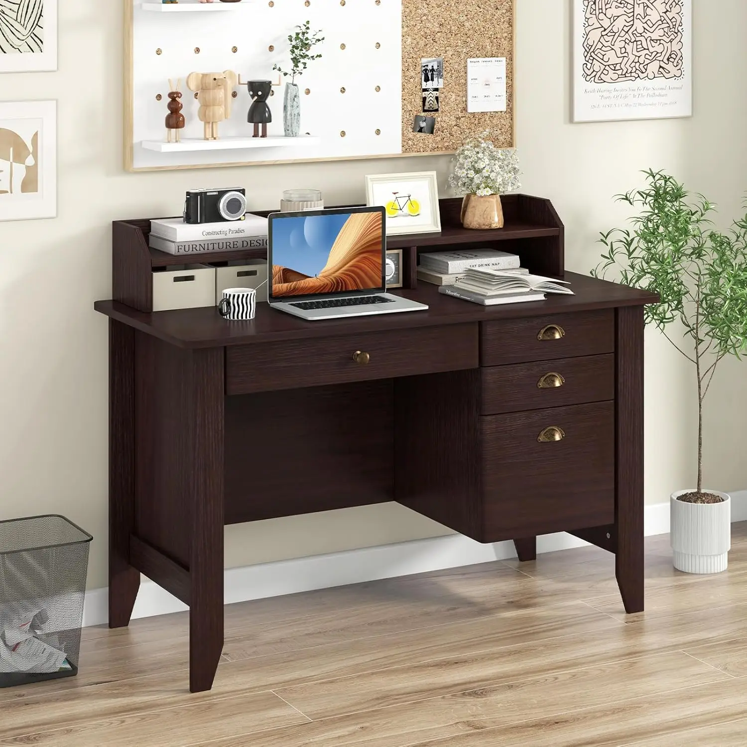 4つの収納引き出しとハッチ付きコンピューターデスク、ホームオフィス