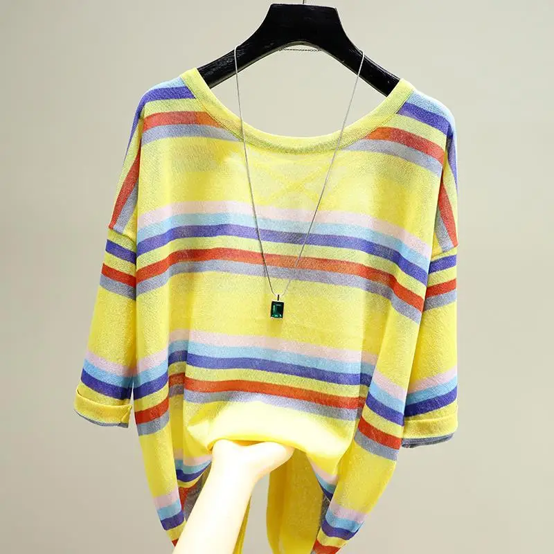 

Модная универсальная полосатая футболка с принтом, женская одежда, новинка весны 2023, повседневные пуловеры, свободная Корейская футболка