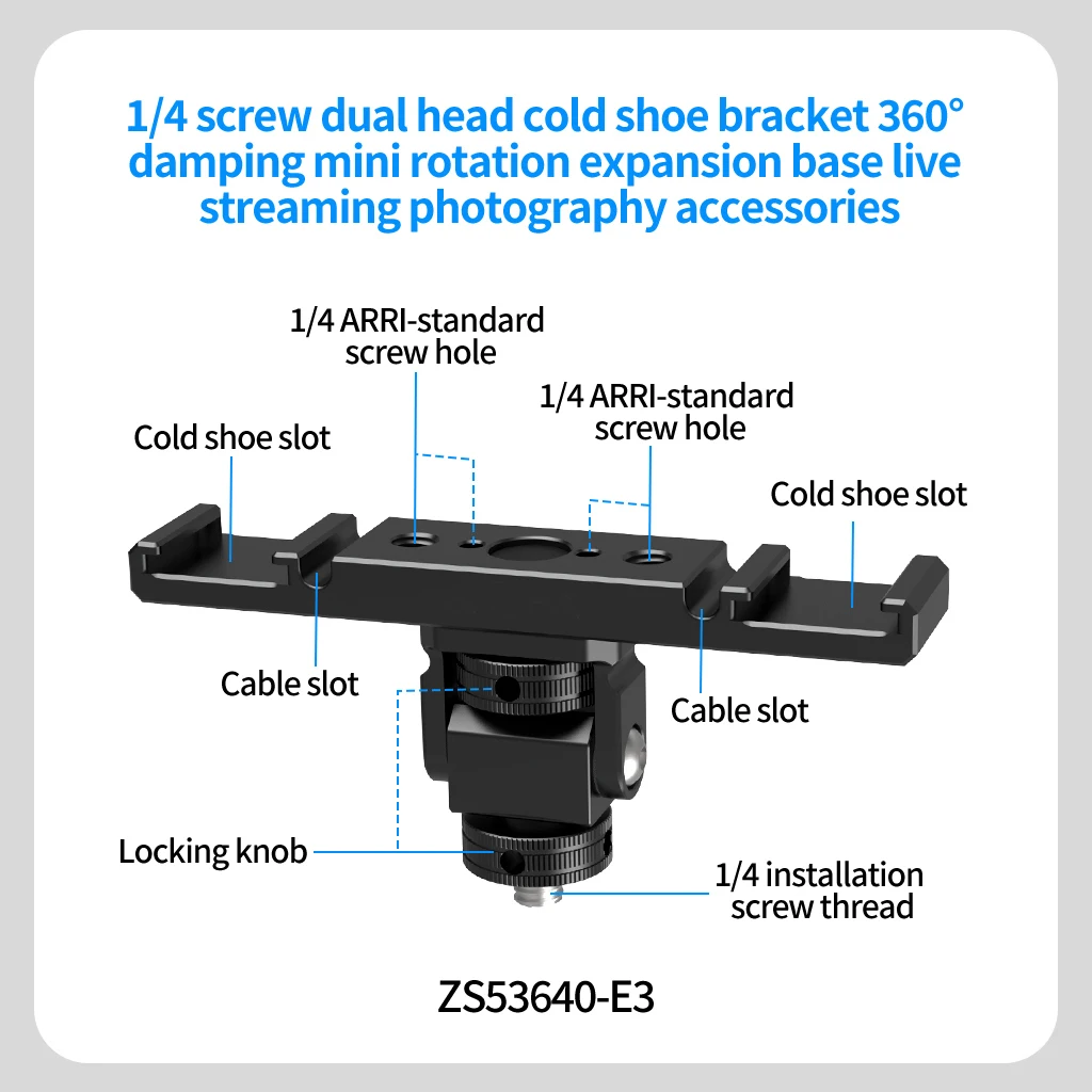 Double Cold Shoe Adapter 1/4 ARRI Mount Extension Bar 360 Rotatable Bracket for