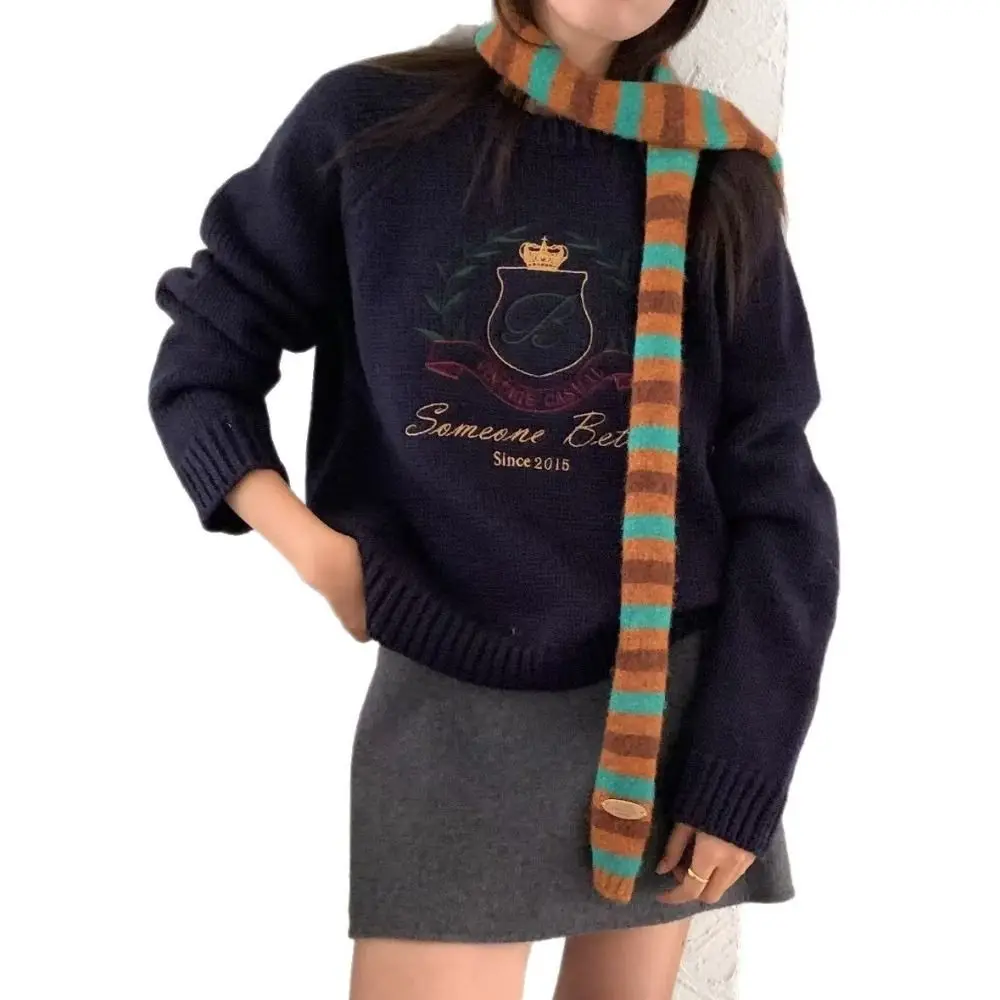 Korean Style Black Grey Stripe Women Long Scarves Cotton Knitted Y2K Girl Scarf Warm Neck Slim Skinny Scarf Fashion Streetwear