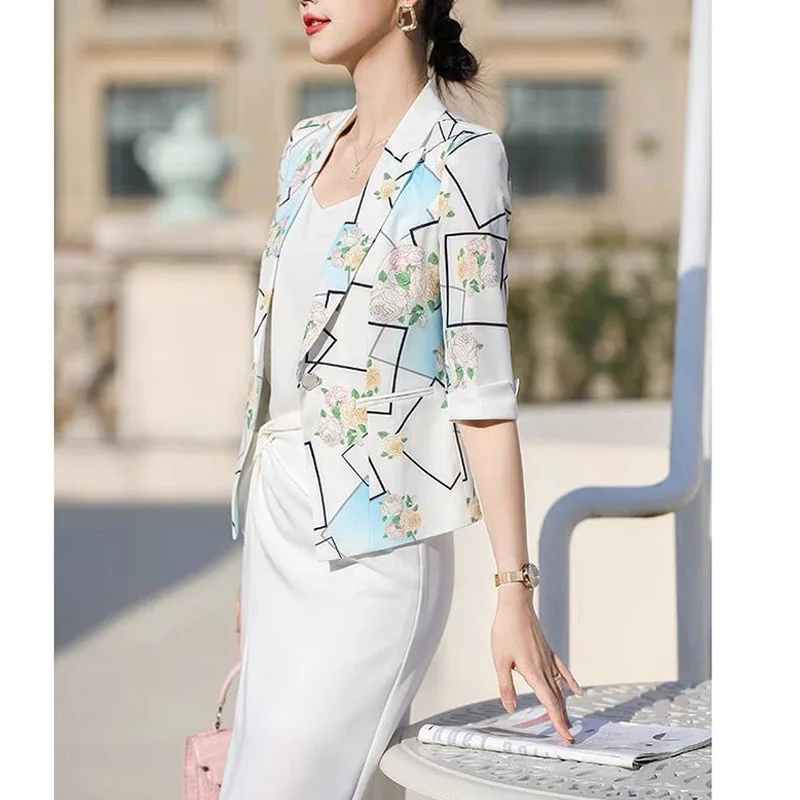 2024 New Spring and Summer Urban Commuting Style OL Fashion Print Slim Fit Versatile Three Quarter Single Breasted Suit Coat