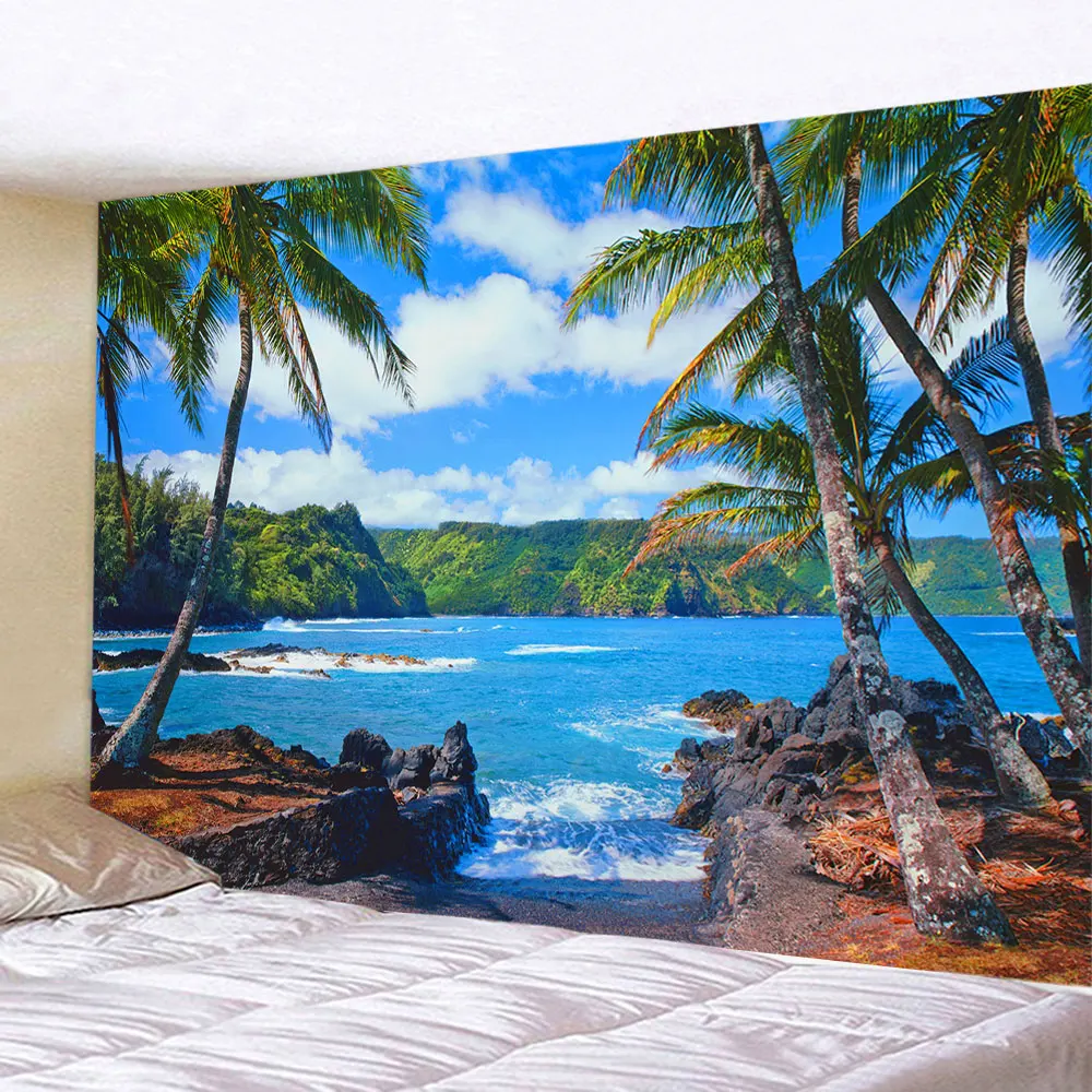 Beach Landscape Decorative Tapestry Seaside Coconut Tree Wall Hanging Art Deco Tapestry Decorations