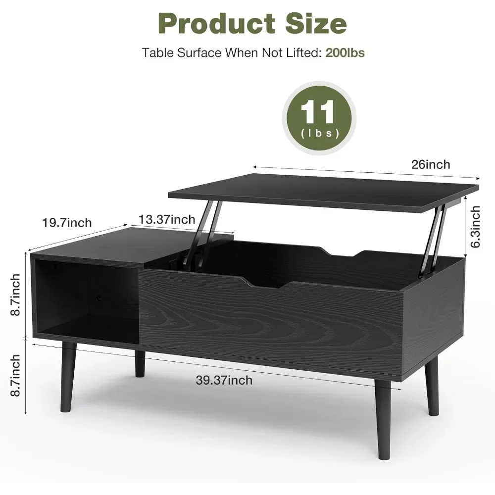 An upgraded black lift top coffee table with measurements.