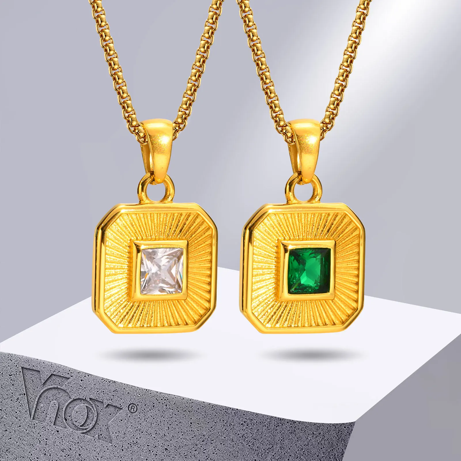 

Vnox Women Square Necklaces, Geometric Cubic Zironic Rays Pendants with Gold Color Box Chain, Vintage Aesthetic Neck Collar