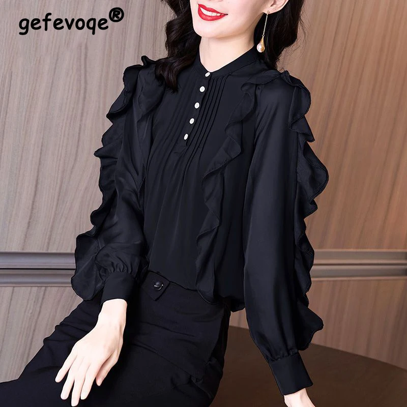 Blusa de larga con cuello alto para mujer, negra elegante con volantes, de oficina, nueva moda de primavera _ - AliExpress Mobile