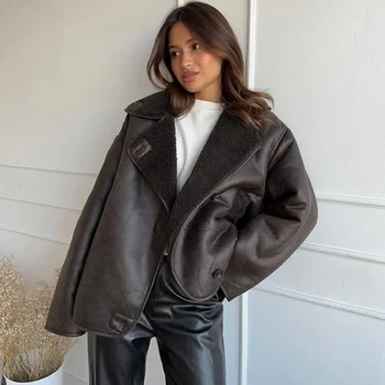 HXAO سترة جلدية فو معطف الشتاء الإناث زر طويلة الأكمام سترة بنية ديمي الموسم فو الصوف معاطف وسترة خلط 5