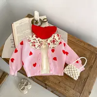 Autumn New 0-3-Year-Old Baby Girl Baby Clothing Pink Heart-Shaped Large V-Neck Knitted Jacket Cardigan Cute Sweater 3