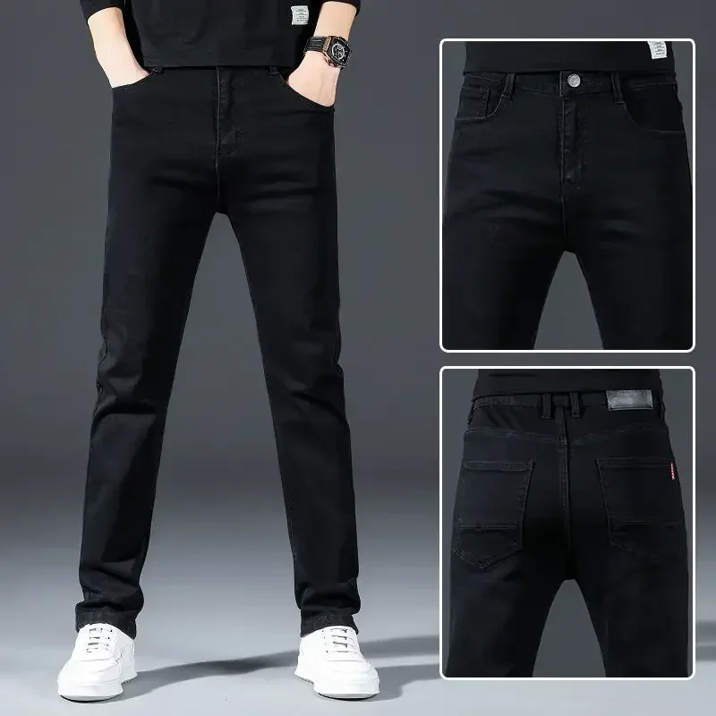 thumbnail image 1 of Pantalones vaqueros ajustados para hombre, pantalones vaqueros ajustados para hombre, ropa de trabajo, ajustados, informales, de talla grande, elásticos, clásicos, de lujo, 1 of 5