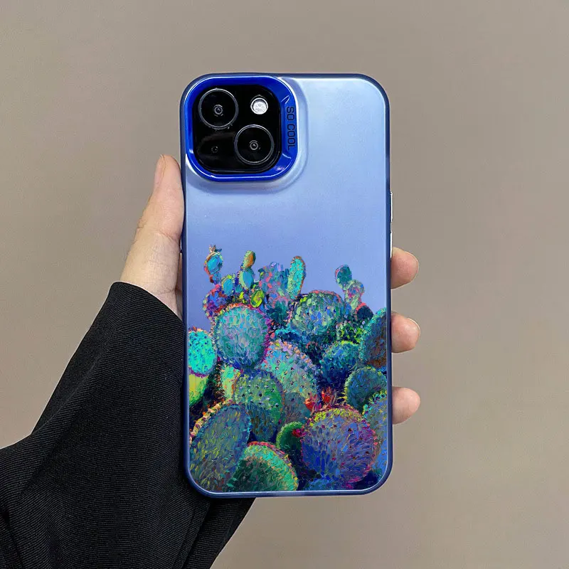 Niedliche Kaktus-Ölgemälde-Muster Handyhülle für iPhone 17 16 12 11 Pro Max 15 14 13 Pro Max Mini 15 Plus Stoßfeste Laser-Schutzhüllen – Detail 3