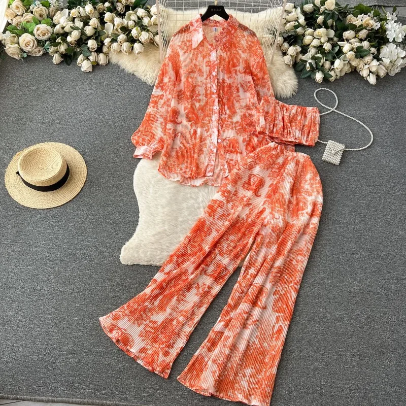 Ladies' Suit Spring Summer Loose Pleated Shirt Bustier Draped High-waisted Pants Printed Lapels Single-breasted Three-piece Suit