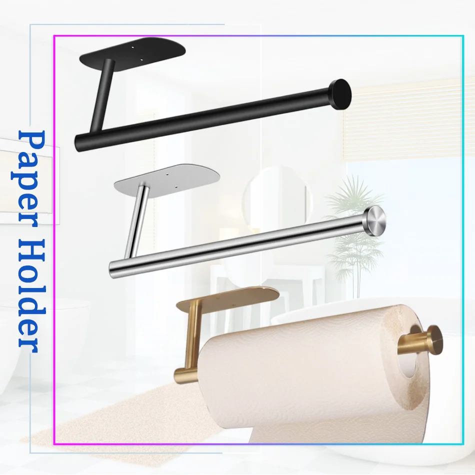 

Adhesive Paper Holder Black 304 Stainless Steel Brushed Gold WC Paper Towel Roll Rack Bathroom Kitchen Tissue Shelf Free Nail