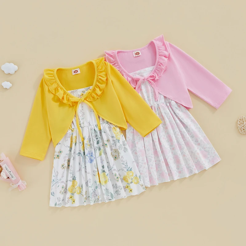 

Toddler Baby Girls 2Pcs Floral Print Cami Dress Sets Long Sleeve Open Front Tie-up Tops Ruffle Collar Shawl Summer Casual Outfit