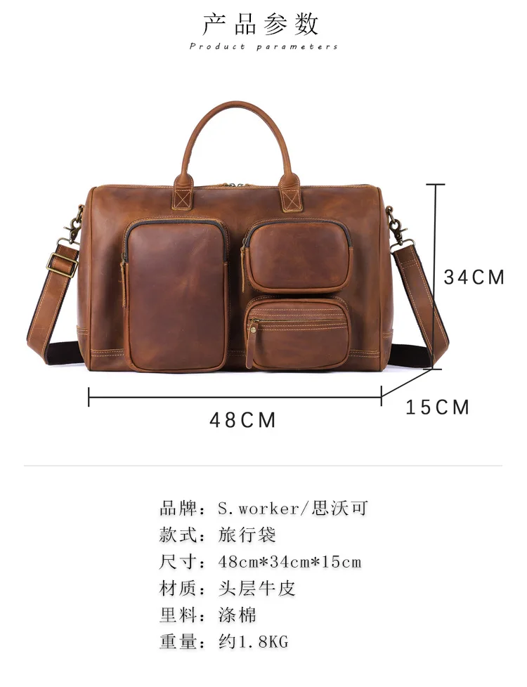 Lässige Vintage Crazy Horse Rindsleder Herren-Reisetasche mit großem Fassungsvermögen, luxuriöse, hochwertige Handtasche aus echtem Leder mit mehreren Taschen – Detail 1