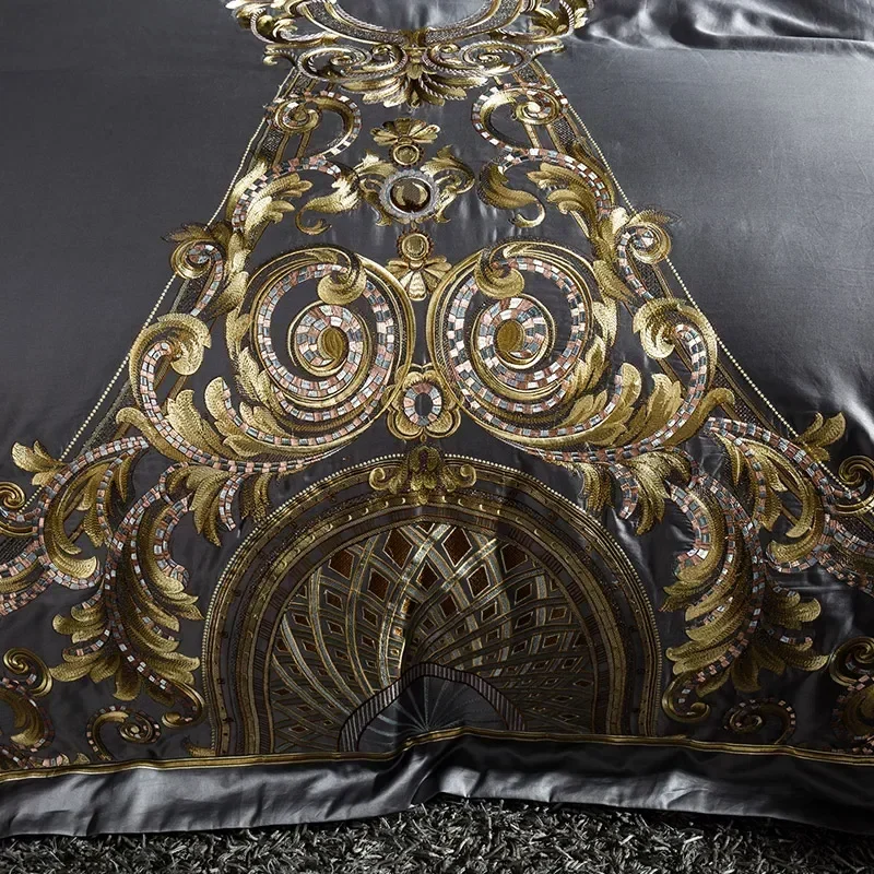 Luxury Gray Red 1000TC Satin Egyptian Cotton Bedding set Gold Royal Embroidery Queen King Duvet Cover Bed Linen/sheet Pillowcase - Image 2