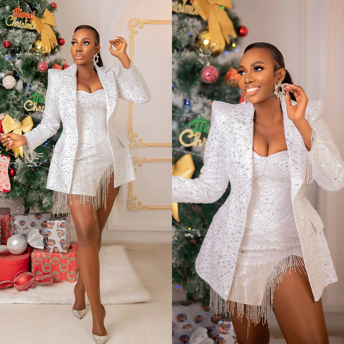

Sexy White Sequined Lace Women Suits 2 Pieces Sweethheart Tassel Mini Dresses Beading Full Length Blazer Jacket Gown