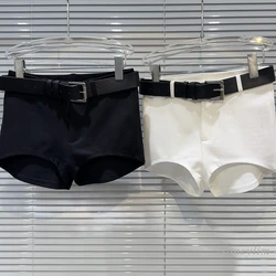 2024 Summer New Classic Style Curved Hem Belt Decorative Short Shorts Hot Pants for Women Solid Color Sexy Shorts