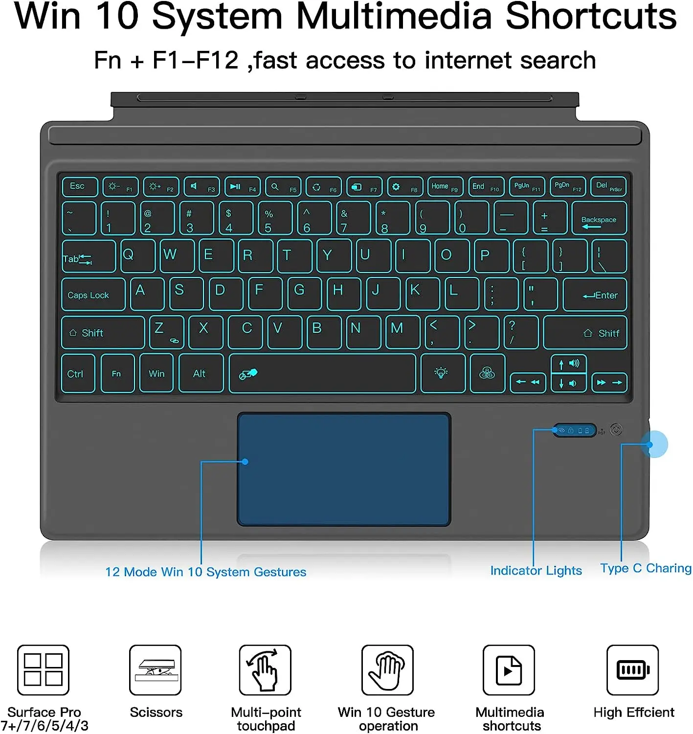 Tastiera Retroilluminata Per Microsoft Surface Pro 8/X Pro 6 Pro 5 Pro 7 Pro 4 Pro 3 Surface Go 2/3 Tastiera Tablet Tastiera Bluetooth