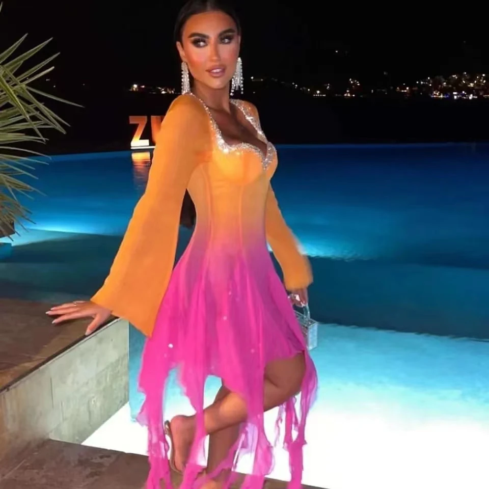 

Asymmetrical Color Backless Beads Cocktail Party Dress Length Arabia Evening Dresses Long Sleeves Formal Prom Dresses