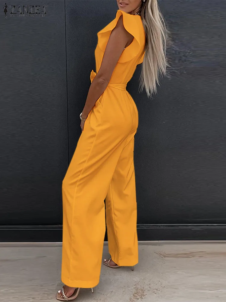 ZANZEA Elegant Wide Leg Pants Long Playsuit Women 2023 Summer Sleeveless Bandage Waist Jumpsuit Solid Casual Flare Tank Overalls