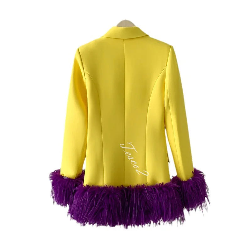 Tesco Bright Yellow Blazer Suit For Women Fashion Feather Decoration Straight Jacket Senior Ladies Dinner Performance Suit Coat