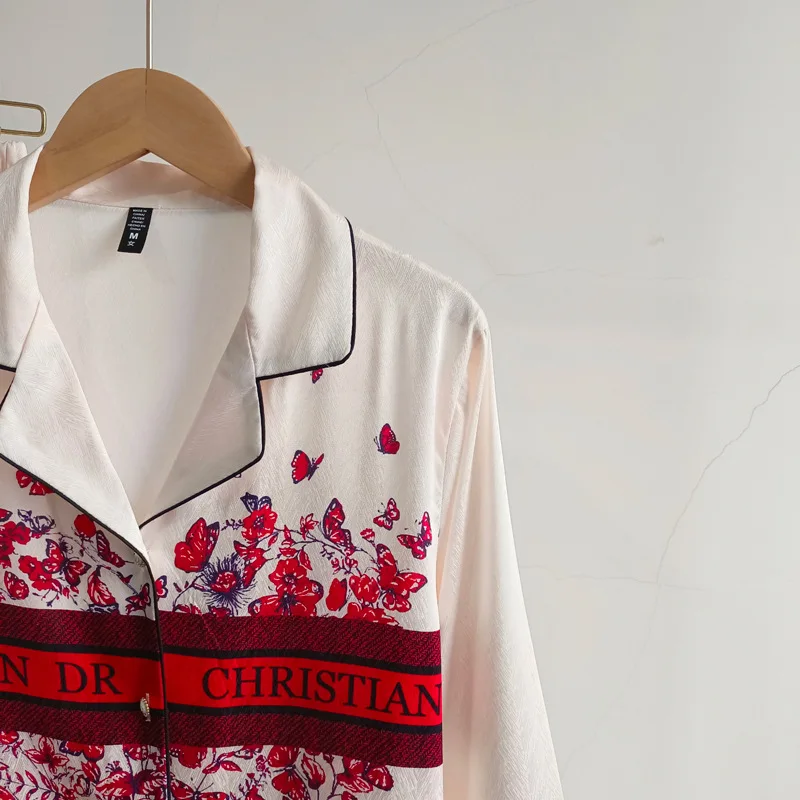 Ice silk butterfly women's pajamas two-piece set noble luxury long-sleeved pajamas set comfortable lapel women's home wear set