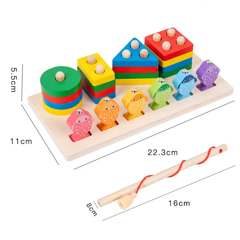 3In1 Baby Montessori Fishing Toys Wooden Puzzles Shape Sorter Toy