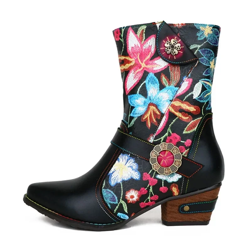 

Krasovki 5cm Genuine Leather Fashion Autumn Women Microfiber Ethnic Spring Winter Plush Chunky Heels Moccasins Ankle Boots Shoes