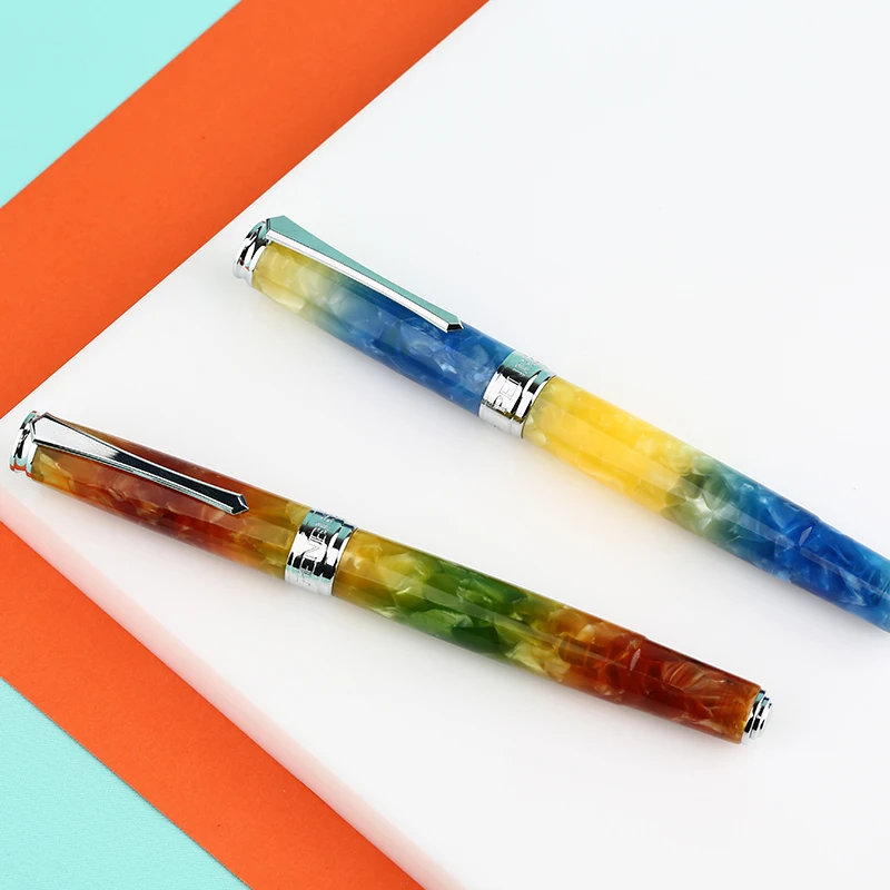 PENBBS 500 아크릴 푸시 프레스 피스톤 만년필, 이리듐 파인 펜촉, 아름다운 패션 사무실 필기 선물 잉크 펜 세트, 0.5mm