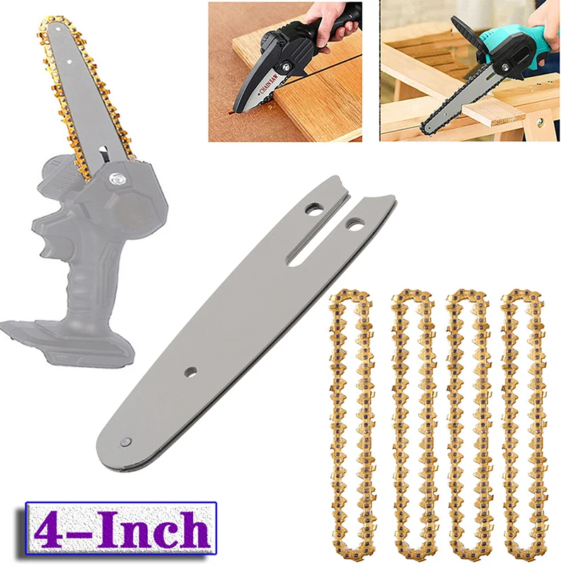 Description Picture 3 of item4 Inch Golden Chains Set for Electric Chainsaw Chain Parts Metal Guide Plate Chain Saw Blade Replacement Guide Bar Power Tool