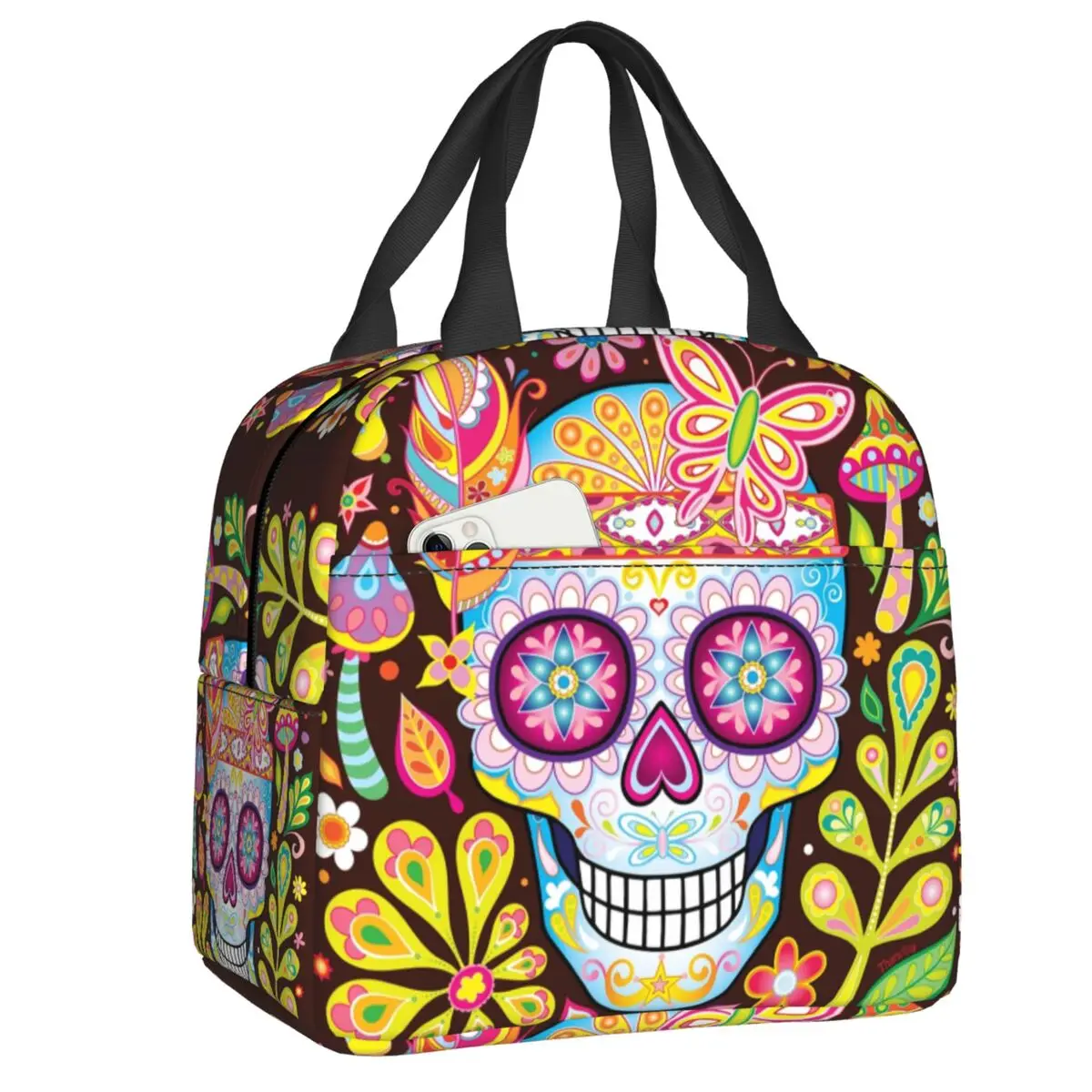 

Sugar Skull Art Insulated Lunch Tote Bag for Women Mexican Sugar Skull Resuable Cooler Thermal Bento Box Outdoor Camping Travel