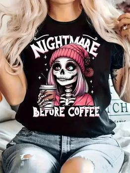 Women's Casual Graphic T-Shirt - "Nightmare Before Coffee" Skeleton Art Print, Black Short Sleeve Round Neck Summer Streetwear 1