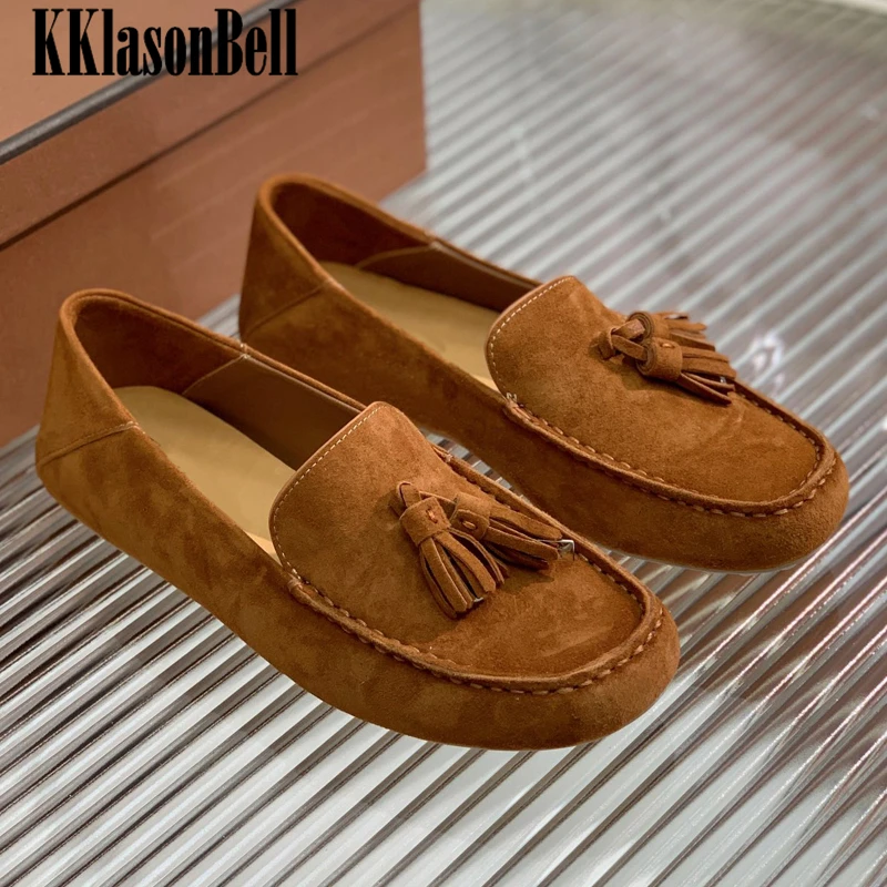 

1.4 LP KKlasonBell High Quality Sewing Tassel Decoration Kid Suede Genuine Leather Solid Color Flats Loafers Women