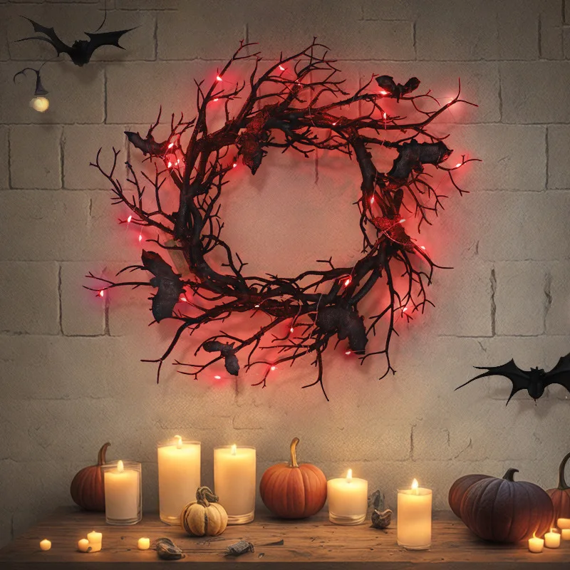 

Halloween Bat Wreath Black Branch Wreaths with Red LED Light 45CM Wreaths for Doors Window Flower Garland Halloween Decoration